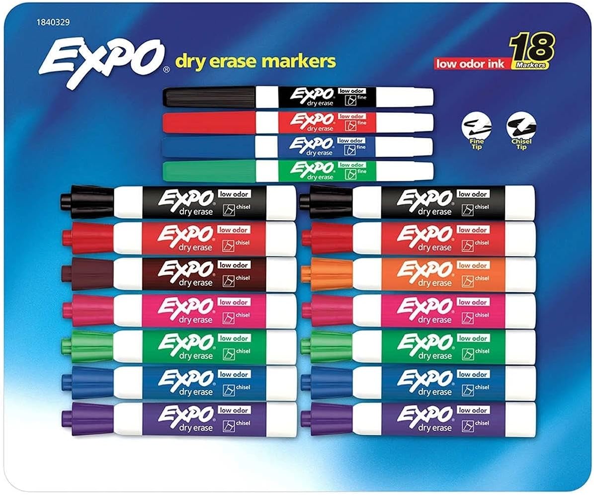Asst Chisel & Fine Tip Low Odor Dry Erase Markers, 18 set