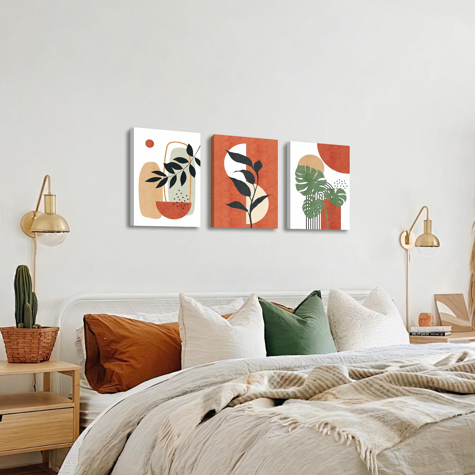 3Pcs Wooden Framed Boho Canvas Wall Art Orange Abstract Leaves And Sun Painting Canvas Prints Nordic Minimalist Geometric Picture for Living Room Bedroom Hallway Home Wall Decor 90x40cm(12"x16"x3pcs) - Image 3