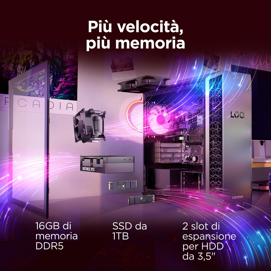 Lenovo LOQ Gaming Desktop 26L - (Processore AMD Ryzen 7-8745HX, RAM 2x8GB, Memoria 1 TB SSD, NVIDIA GeForce RTX 5060 8GB GDDR7, Windows 11) -Luna Grigio+Eclipse Nero - Esclusiva Amazon