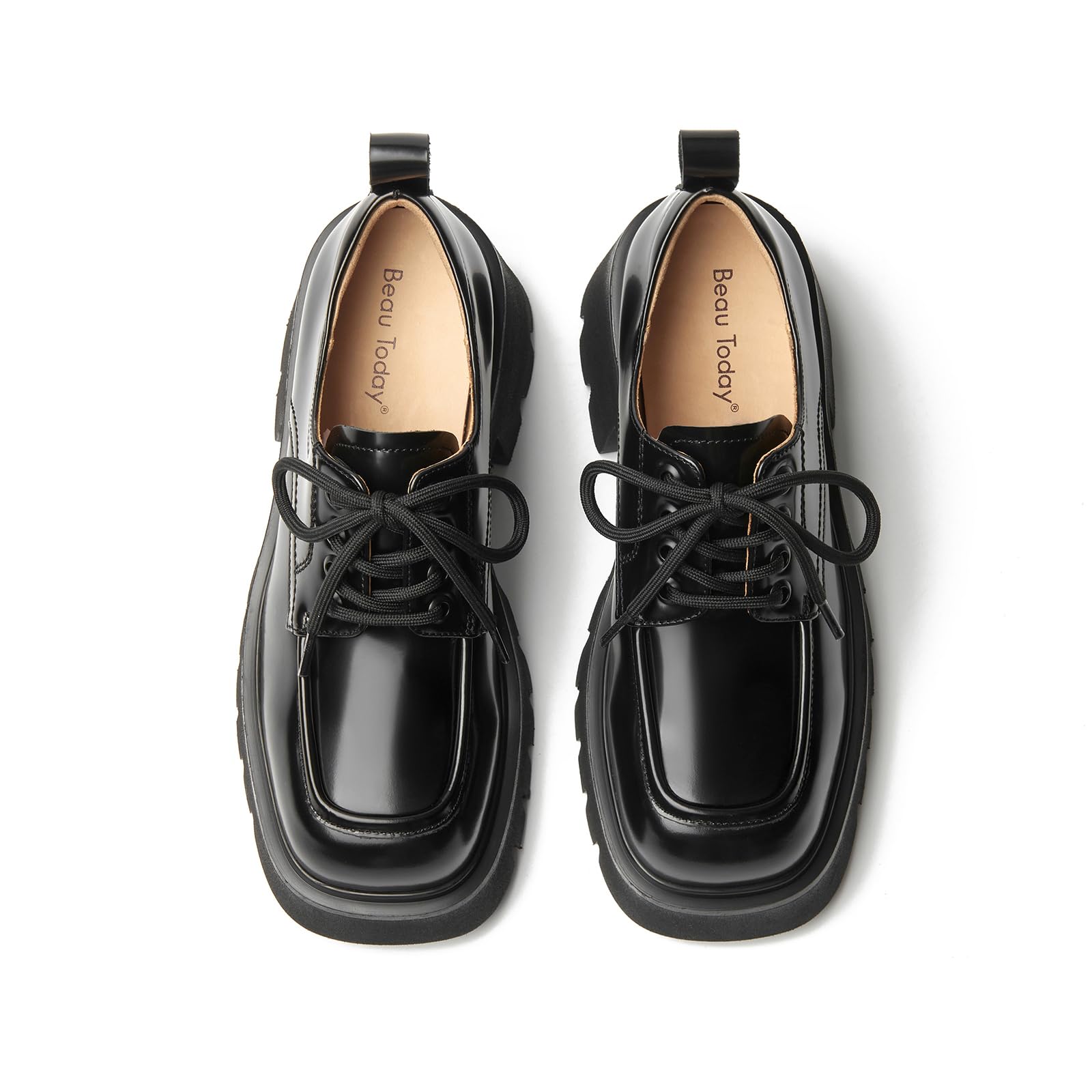 BEAU TODAY Chunky Platform Oxford Shoes for Women - Classic Lace-Up Leather Comfortable Business Lug Sole Work Office