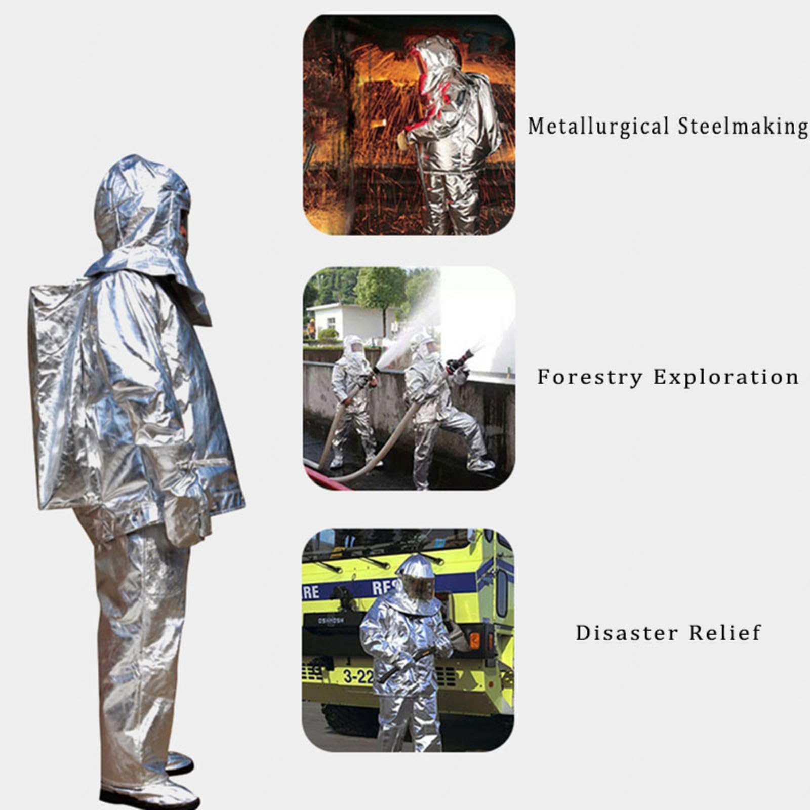Overoles Ignífugos Traje Resistente Calor Traje Aluminizado Resistente Calor Papel Aluminio Mina Carbón, Pozo Petróleo, Mina, Planta Química,1000°-180-185cm