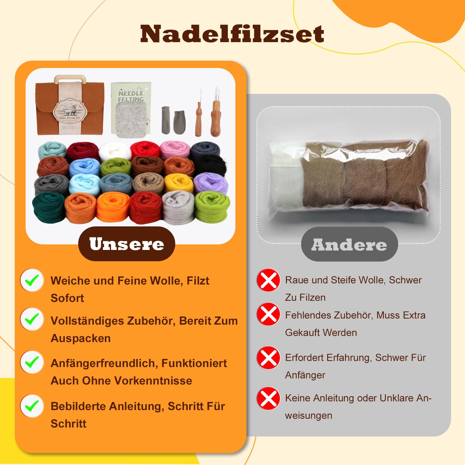 CILIENG Kit de feutrage aiguilleté 24 couleurs - Kit de démarrage pour débutants - Laine à feutrer avec sac de rangement - Accessoires complets avec support en mousse - Aiguilles à feutrer