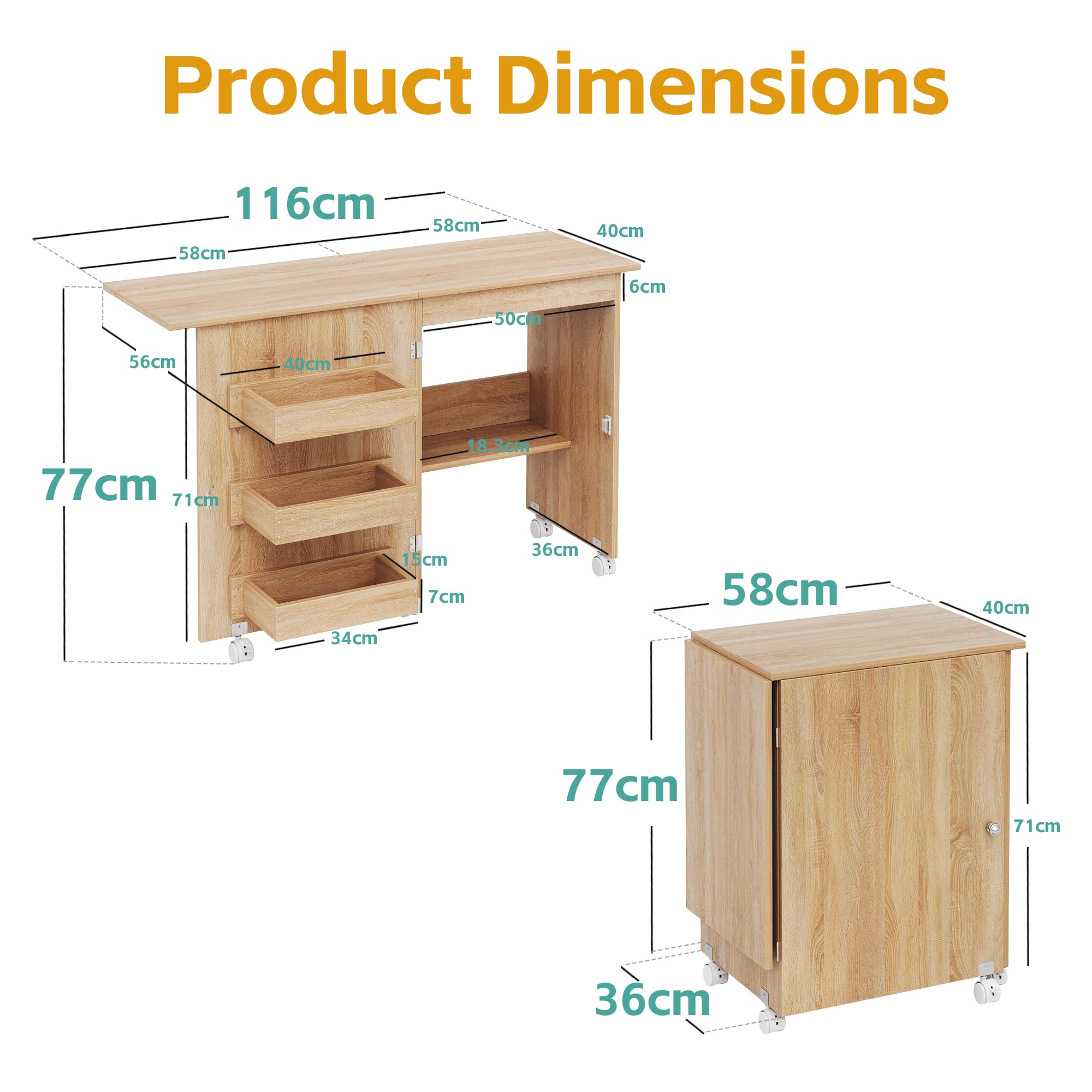 Mesa de costura plegable, estación de manualidades multiusos y escritorio lateral con diseño compacto, ruedas, estantes, contenedores, clavijas, puertas magnéticas, pomos de puerta de metal,