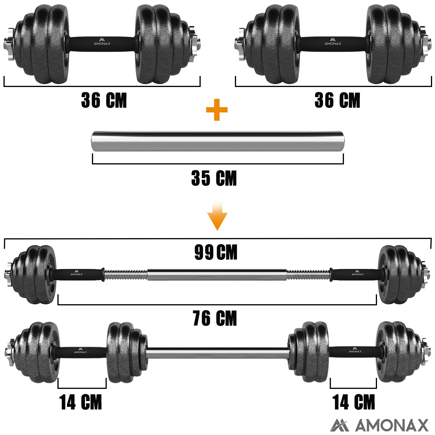 Amonax 15 20 30KG Pesi Palestra manubri Regolabili, Set Bodybuilding Attrezzi bilanciere con Dischi ghisa per Home Gym, Kit Sport Ideale per l'allenamento a casa, Dumbbells