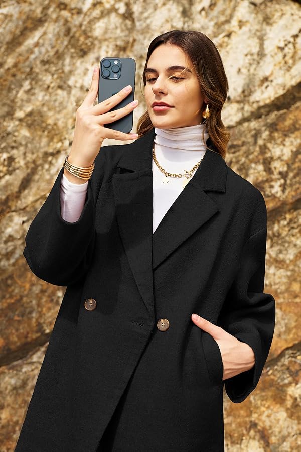 ELLEVEN Long Winter Coats for Women Wool Peacoat Long Sleeve Trench Coat Double Breasted Warm Fall Jackets Casual Outfits Black Small by ELLEVEN - Image 4