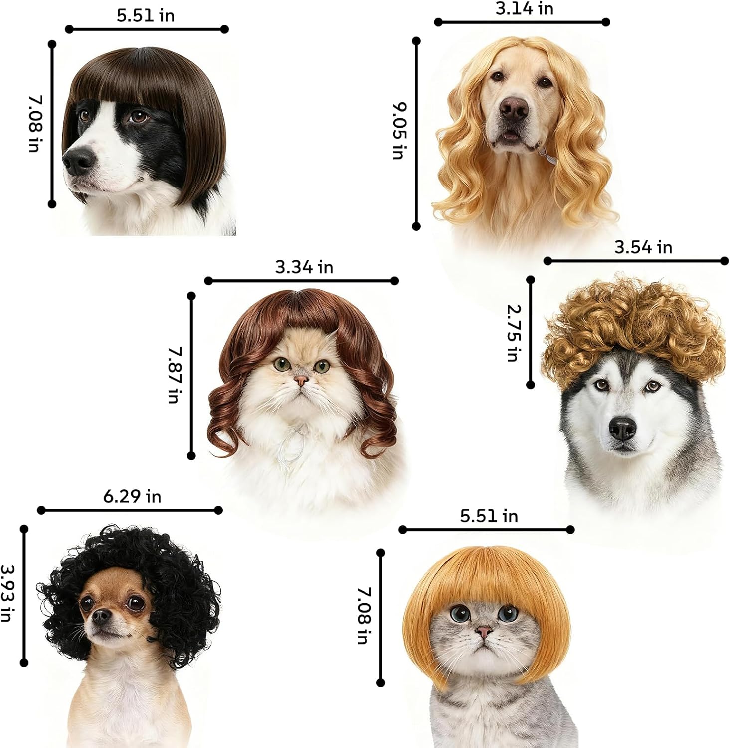 6 Pack Funny Cat and Dog Wigs, Soft Pet Cosplay Costume with Adjustable Straps, for Halloween Christmas Party Dress-Up, Ideal Gift for Pet Lovers