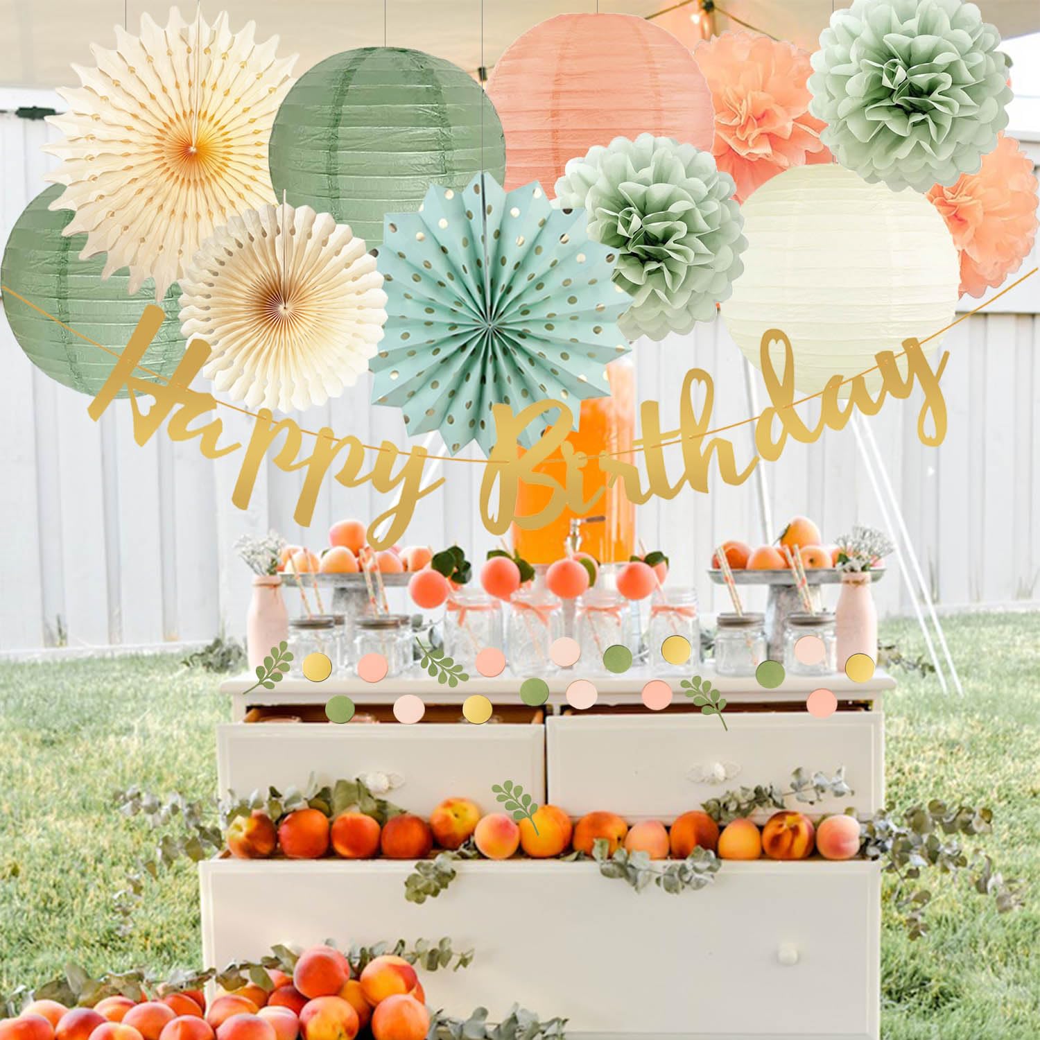 Salbeigrüne Geburtstagsdekoration - Rustikale Party Deko In Olivgrün & Gold | Ballons & Pompons