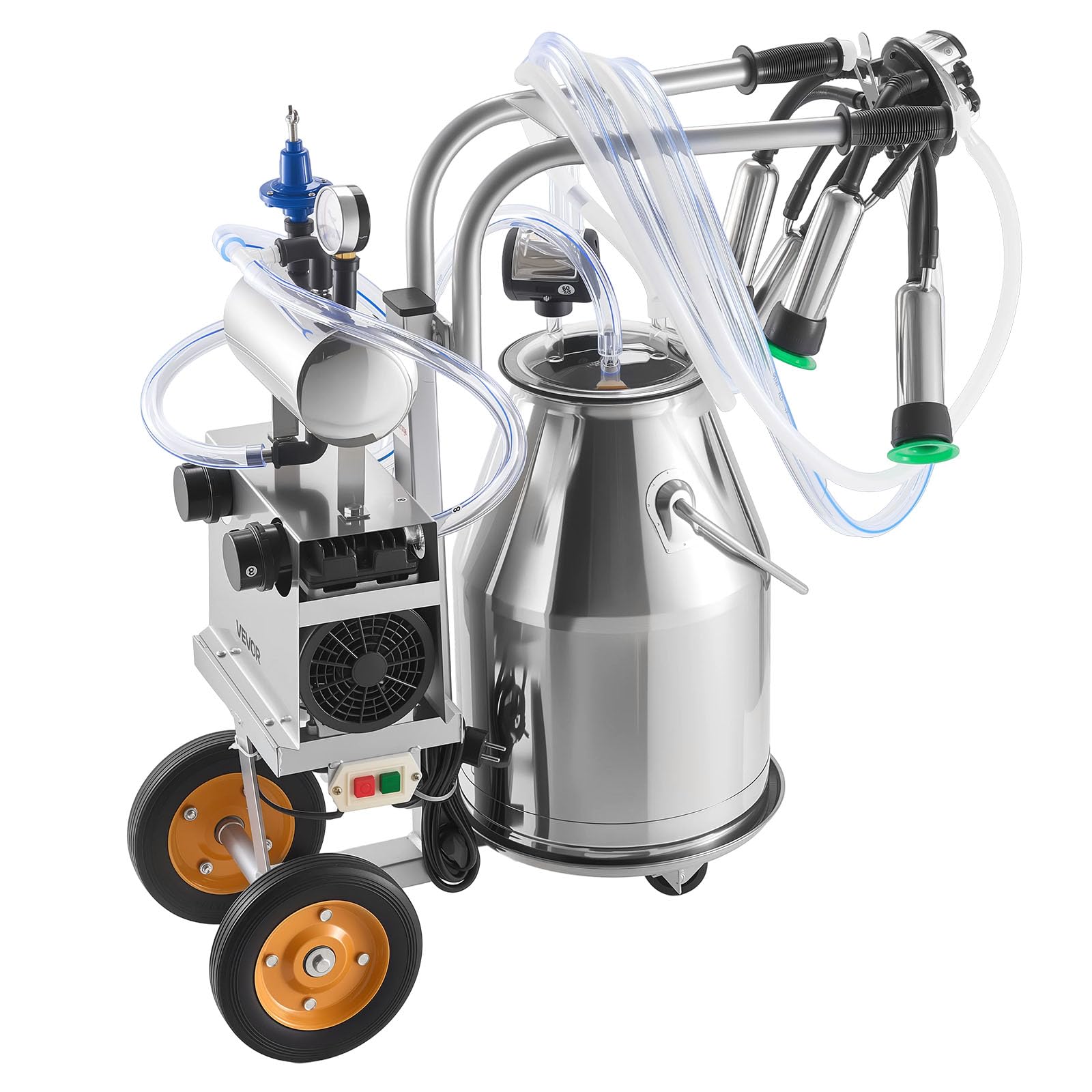 VEVOR Elektrische Melkmaschine, 25-L-Eimer aus Edelstahl 304, Lebensmittelechte Zitzengummis & Silikonschlauch, Starke Saugkraft, Vakuumpulsation, elektrische Melkausrüstung mit Rädern für Kühe