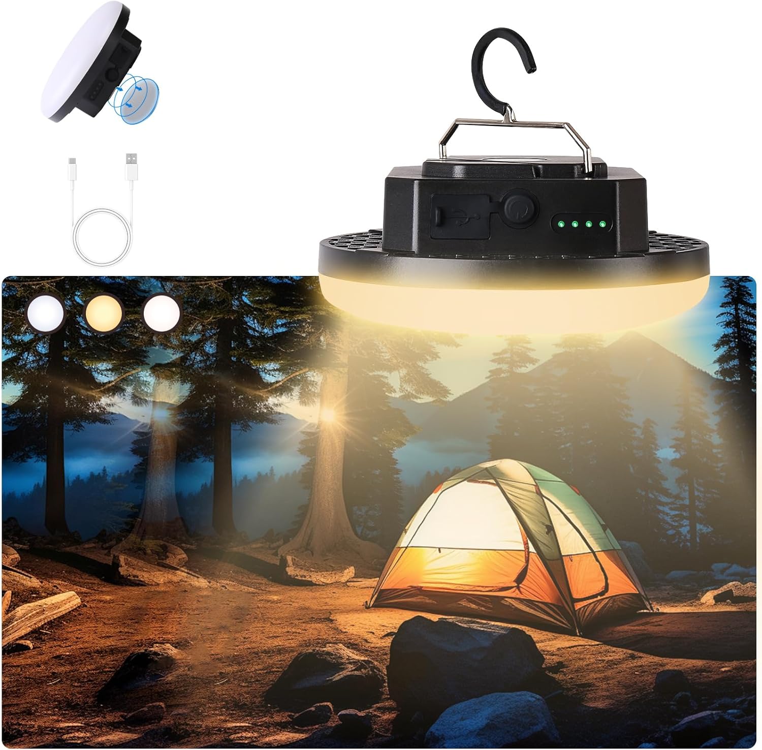 LED Glamping Tent Light with Remote Control – 4000LM Stepless Dimming, USB-C Charging, Battery Power,Magnetic,Hook, IPX5 Waterproof Camp lamp for Camping,Indoor,Power Outages