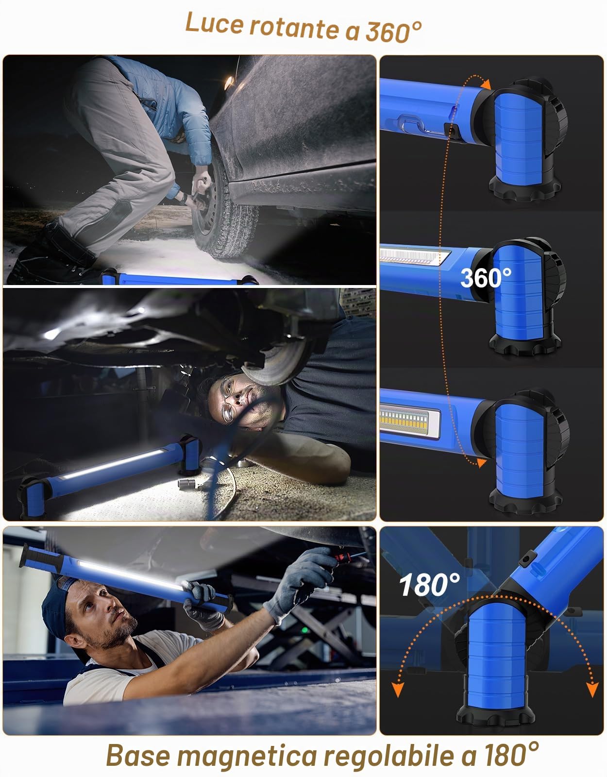 CLV Lampada da Lavoro LED Ricaricabile, 3000LM Lampada Led Ricaricabile con Base Magnetica Lampada Magnetica 5000mah Lampada di Ispezione Portatile 6 modalità 3 luminosità, IP65 per Riparazioni