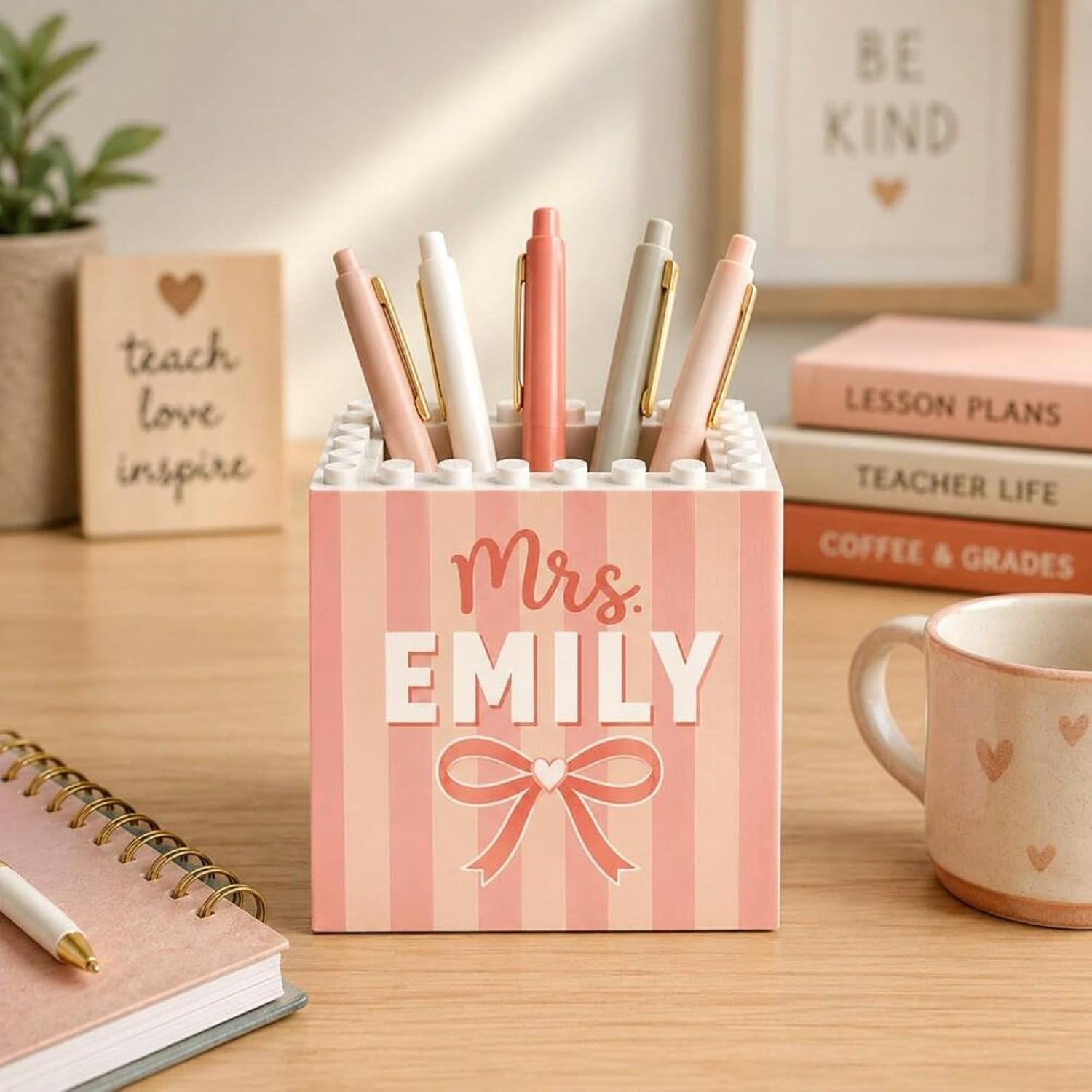 Personalized Pencil Holder, Custom Teacher Desk Organizer, Coquette Bow Pen Holder, Customized Teacher's Name Desk Accessory, Back to School Teacher Supplies, Classroom Office Decor