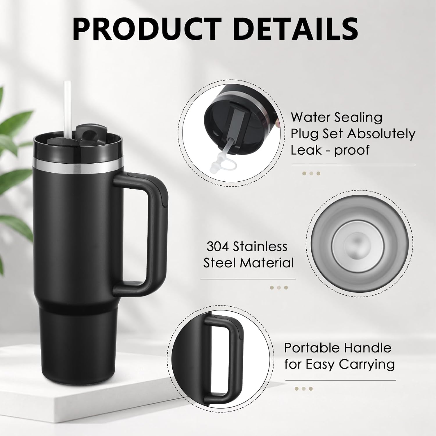 2 Pack 30 Oz Tumbler with Handle Bulk, Double Wall Vacuum Insulated Stainless Steel Tumbler with Lid and Straw, 30 oz Cup with Silicone Spill Proof Stopper Set(White,Black) image 4