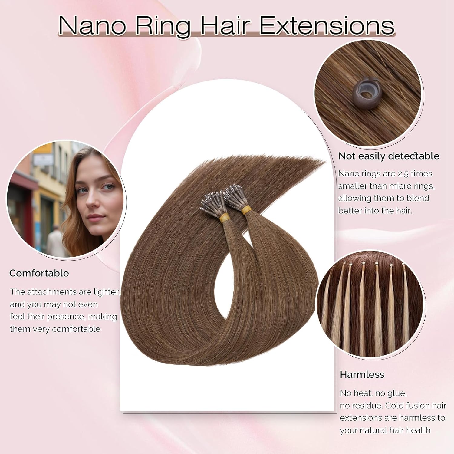 SEGO Nano Bead Hair Extensions Human Hair, 1g/s 50g/pack 20 Inch Nano Ring Hair Extensions, Highlight, Add Volume and Length, Nano Tip Hair Extensions for Women Medium Brown