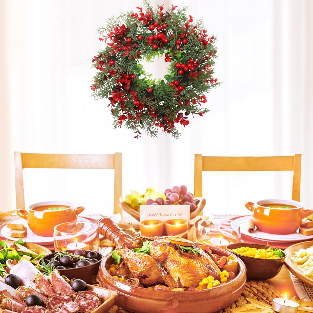 Weihnachtskranz für Tür, Adventskranz, Weihnachtsdeko für Außen und Innen, Künstlicher Kranz aus roten Kiefernnadeln（ 14 Zoll）
