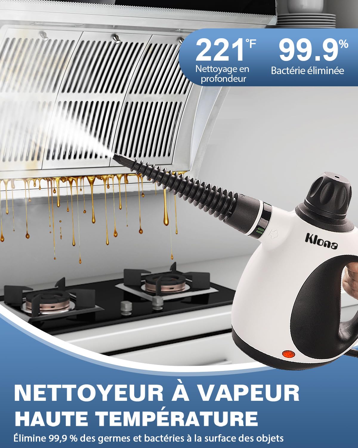KLONA Nettoyeur à vapeur portatif, nettoyeur à vapeur multi-usage avec 10 accessoires pour tapis, rideaux, canapés, cuisines, salles de bains et bien plus encore.