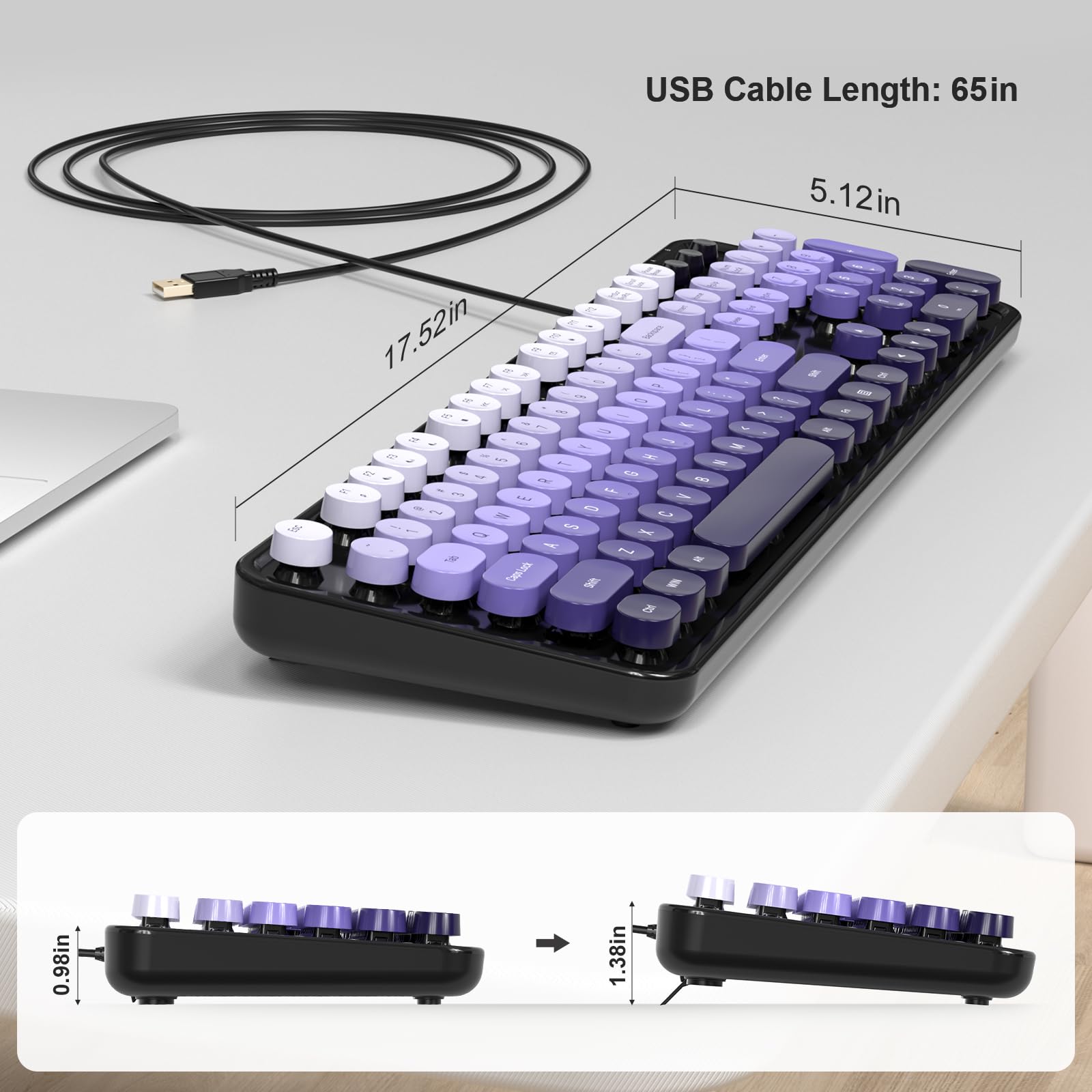 Kabelgebundene Computer-Tastatur, bunte Tastatur in voller Größe mit schwebenden runden Tasten, Schreibmaschinentastaturen für Laptop, Büro, PC, Desktop-Fenster, Schwarz / Violett