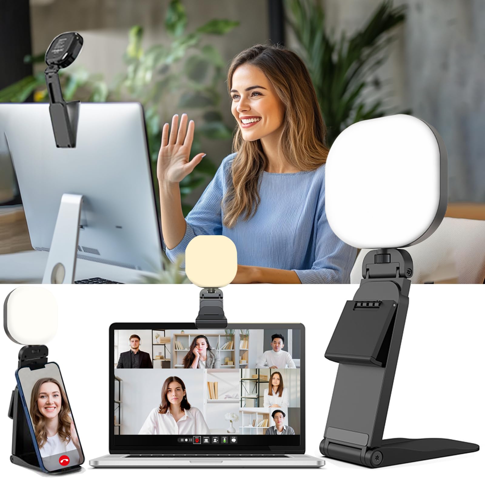 撮影用ライト 掛け式+スマホスタンド式 リングライト スマホ 5色モード5段調光 LEDビデオライト 小型 スマホ撮影ライト 充電式 モニターライト デスク スマホスタンドライト 卓上 角度＆高さ調整可能 自撮りライト/写真ライト/女優ライト/パソコンライト/Web会議/メイク用ライト (ブラック)