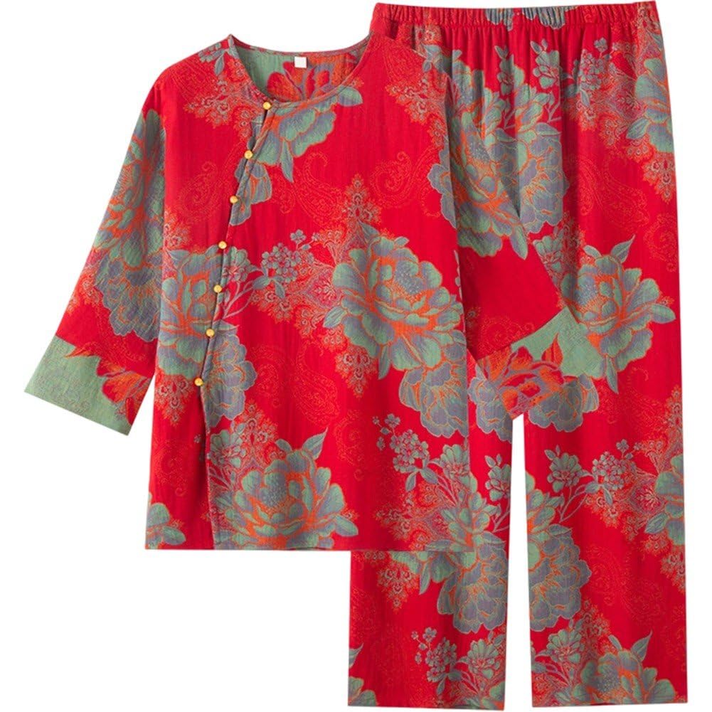 Fituenly Chinese Style Long Sleeve Pajama Set for Women, Diagonal Collar Cotton Jacquard Homewear, Ladies Sleepwear Two-piece Pyjama