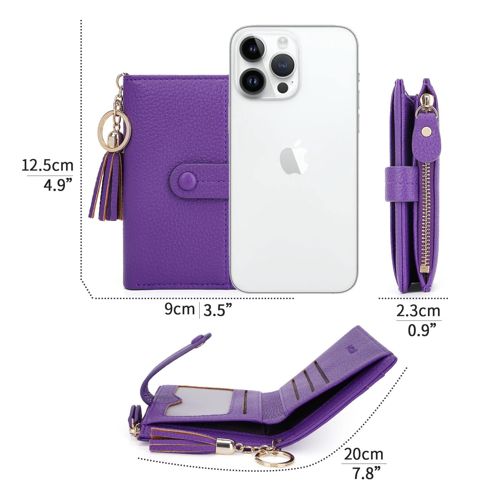 HKCLUF Portafoglio Piccolo da Donna, Porta Carte Blocco RFID Portamonete Pelle con Nappa Portafogli Cerniera Molti Scomparti(B09-Viola)