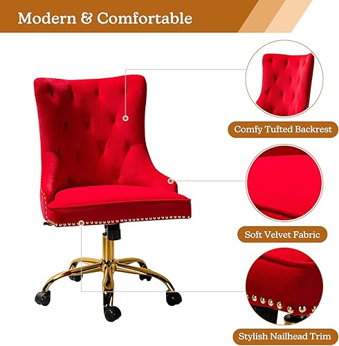 Miniatura 7 de HULALA HOME Silla de oficina de terciopelo con base dorada y ribete de cabeza de clavos, moderna silla de escritorio tapizada capitonada giratoria