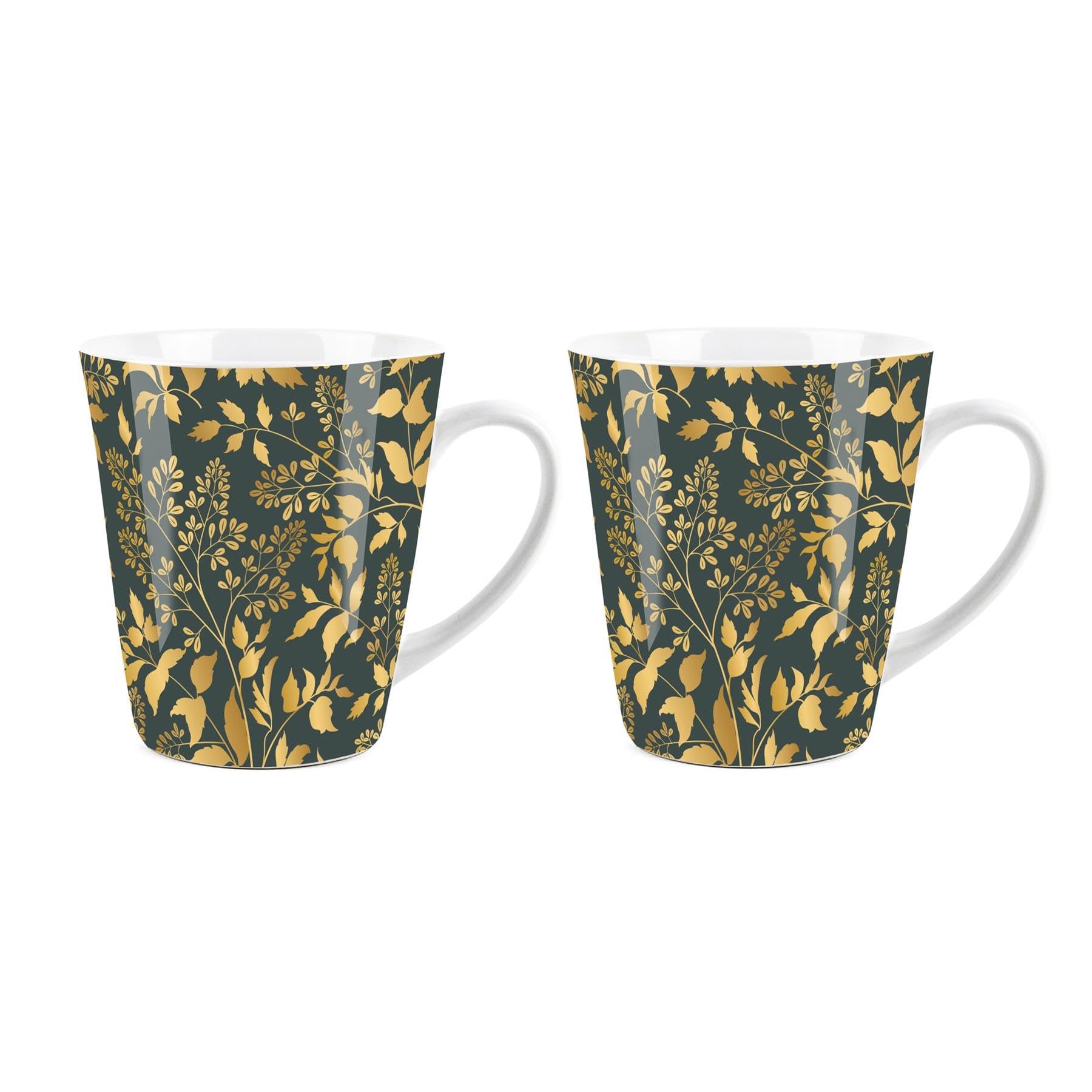 Purely Home Gold & Green Foliage Small Latte Mugs Set - Ceramic White Tea/Coffee Present Gift Set of 2