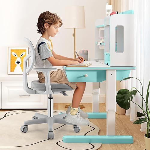Miniatura 11 de Giantex Silla de escritorio para niños, silla de computadora para niños con ruedas y soporte lumbar en forma de Y, asiento de estudio para niños,