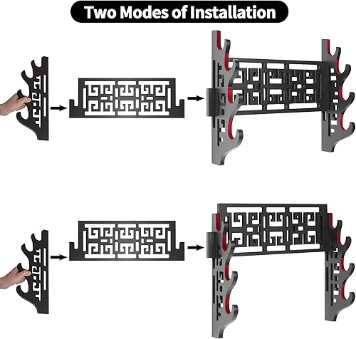 Miniatura 4 de Vevet - Soporte de pared para espadas de 4 niveles, soporte acolchado para Katana, soporte de pared para espadas, soporte de madera samurái para