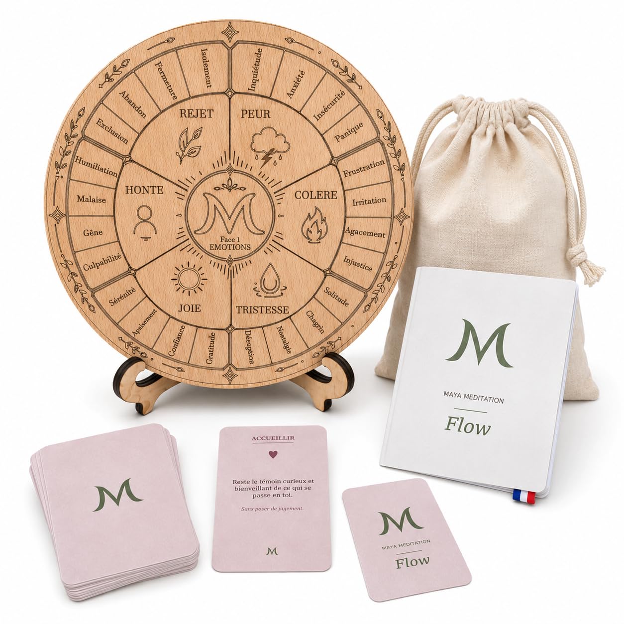 Maya meditation Flow – Roue des Émotions en Bois avec 33 Cartes – Gestion des Émotions Enfant – Accompagnement Parent-Enfant – Ressentis Corporels dès 6 Ans