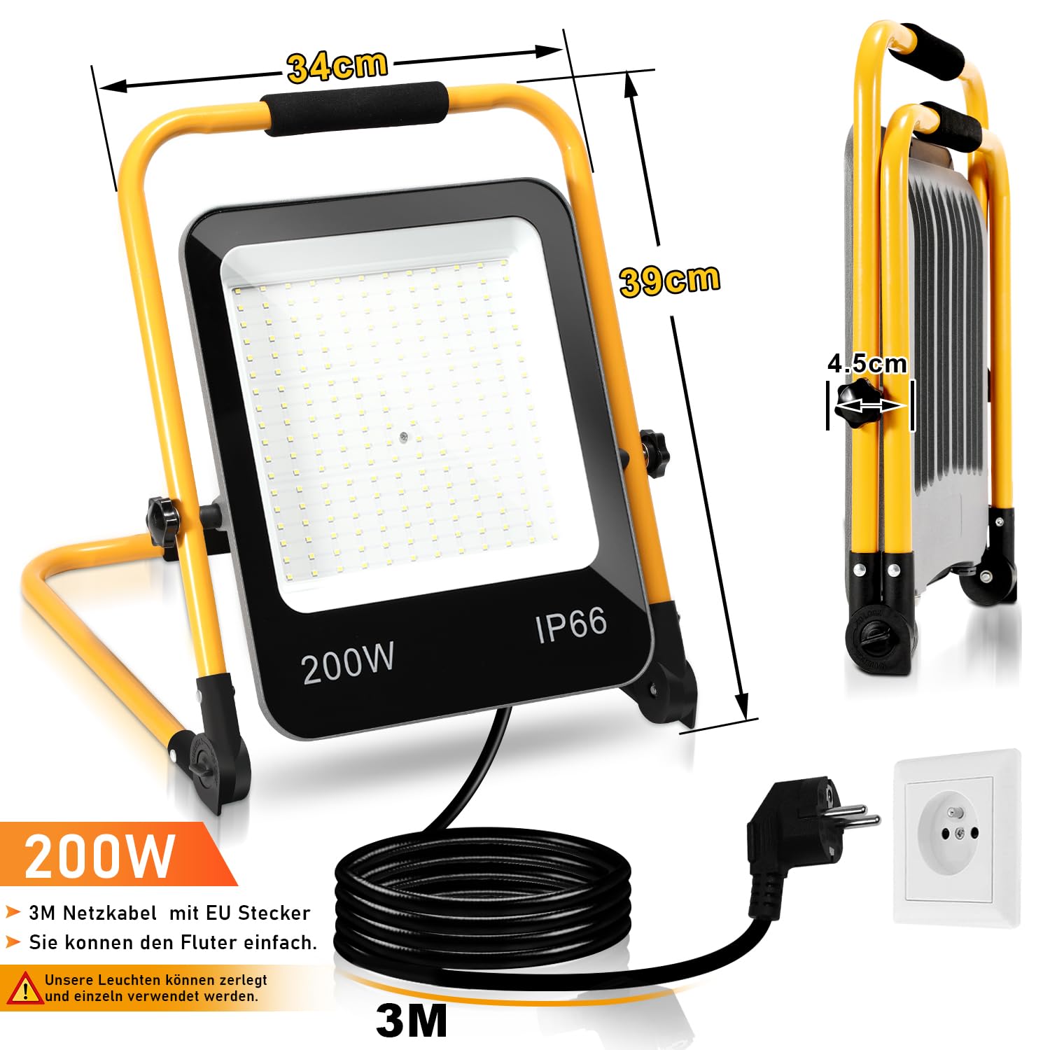 Ikodm 2 piezas 200W Foco de Trabajo LED, Foco LED Portátil con Soporte Plegable, 16000LM 6000K Luz Blanca, IP66 Focos Led Uso en Interiores y Exterior, Cable 3M con Enchufe