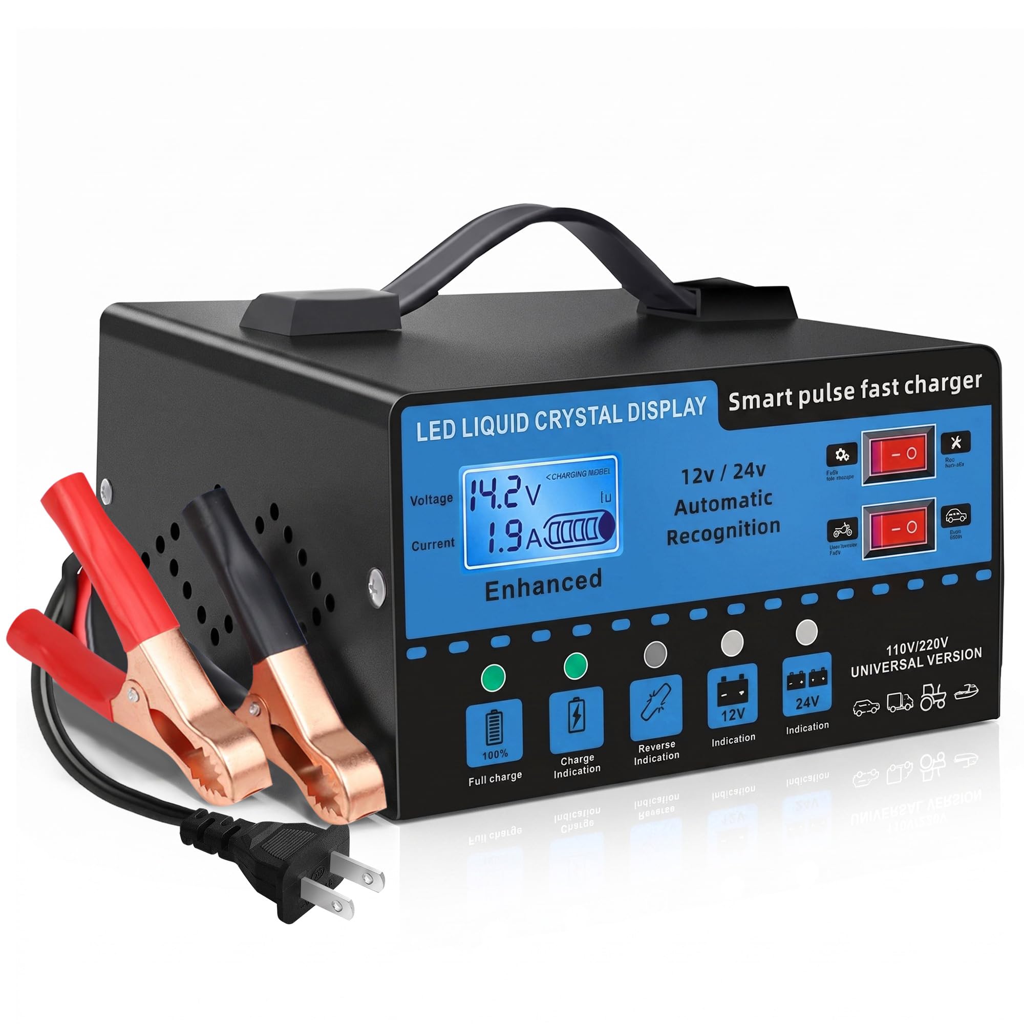 Caricabatteria da auto intelligente da 12 V/24 V con display LCD, mantenimento automatico della batteria e caricabatterie per trickle, compensazione della temperatura, protezione da sovraccarico per
