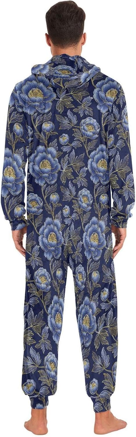 ZZKKO Vintage Blue Gold Floral Adult Onesie Pajamas for Women Men Cozy One Piece Pajamas Costume Zip-Up Hooded S-XL