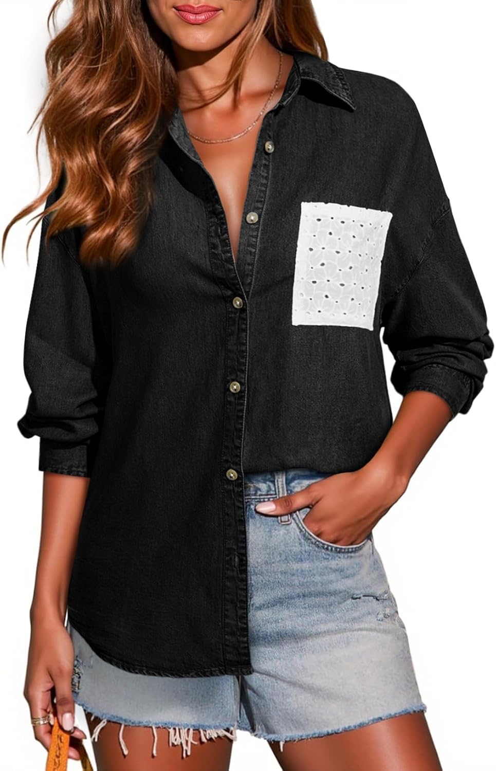 Sidefeel Women's Denim Shirt Button Down Long Sleeve Jean Shirt Shackt with Lace Pocket Denim Top