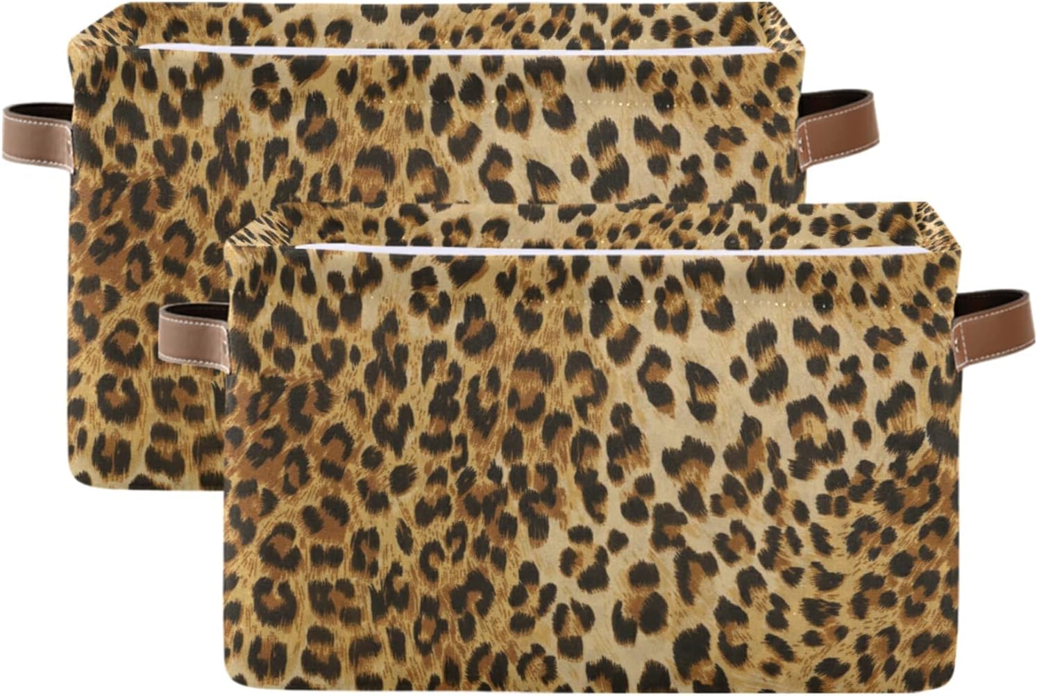 Leopard Print Canvas Storage Bin - Large Animal Toys Basket Cube Box With Handles for Home Office Bedroom Closet Shelves, 2 Pcs
