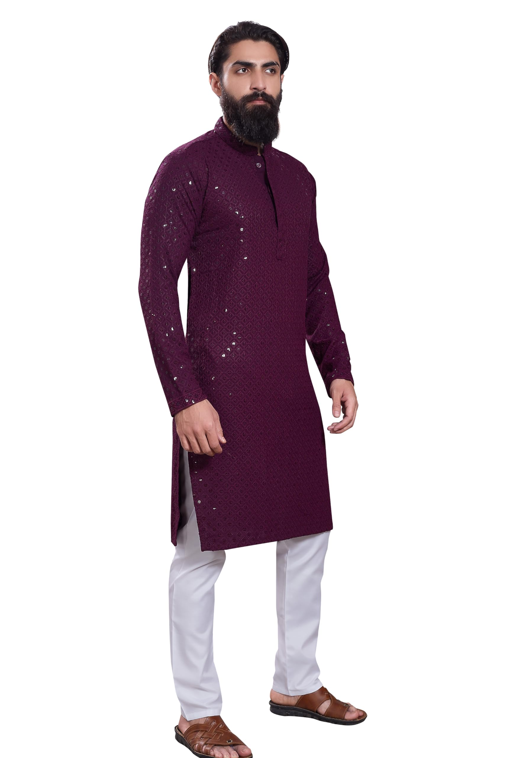 Divisive Men's Sequince Embroidered Cotton Blend Only Slim Fit Kurta (Dkrt232_M_Burgundy)