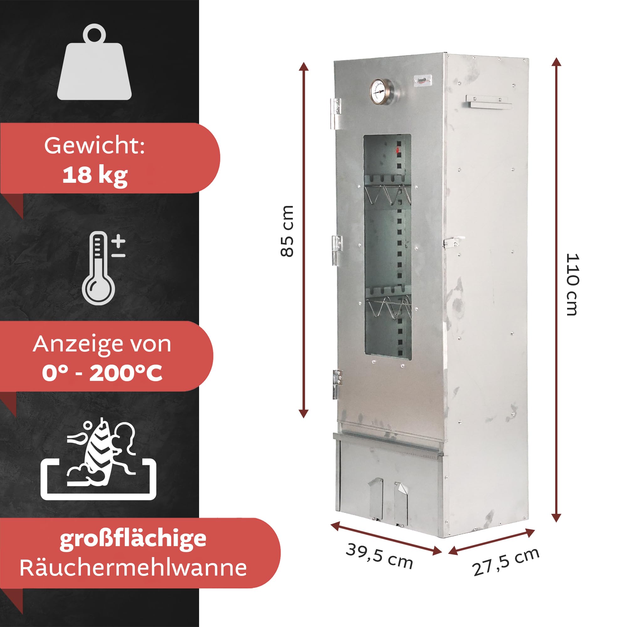 Lemodo, Räucherofen 110 cm aus Stahl, höhenverstellbare Auflageschienen, Sichtfenster, Thermometer, Zubehör für Fisch, Fleisch, Wurst, Käse, Kalt-, Warm- und Heißräuchern, mit Schönheitsfehler