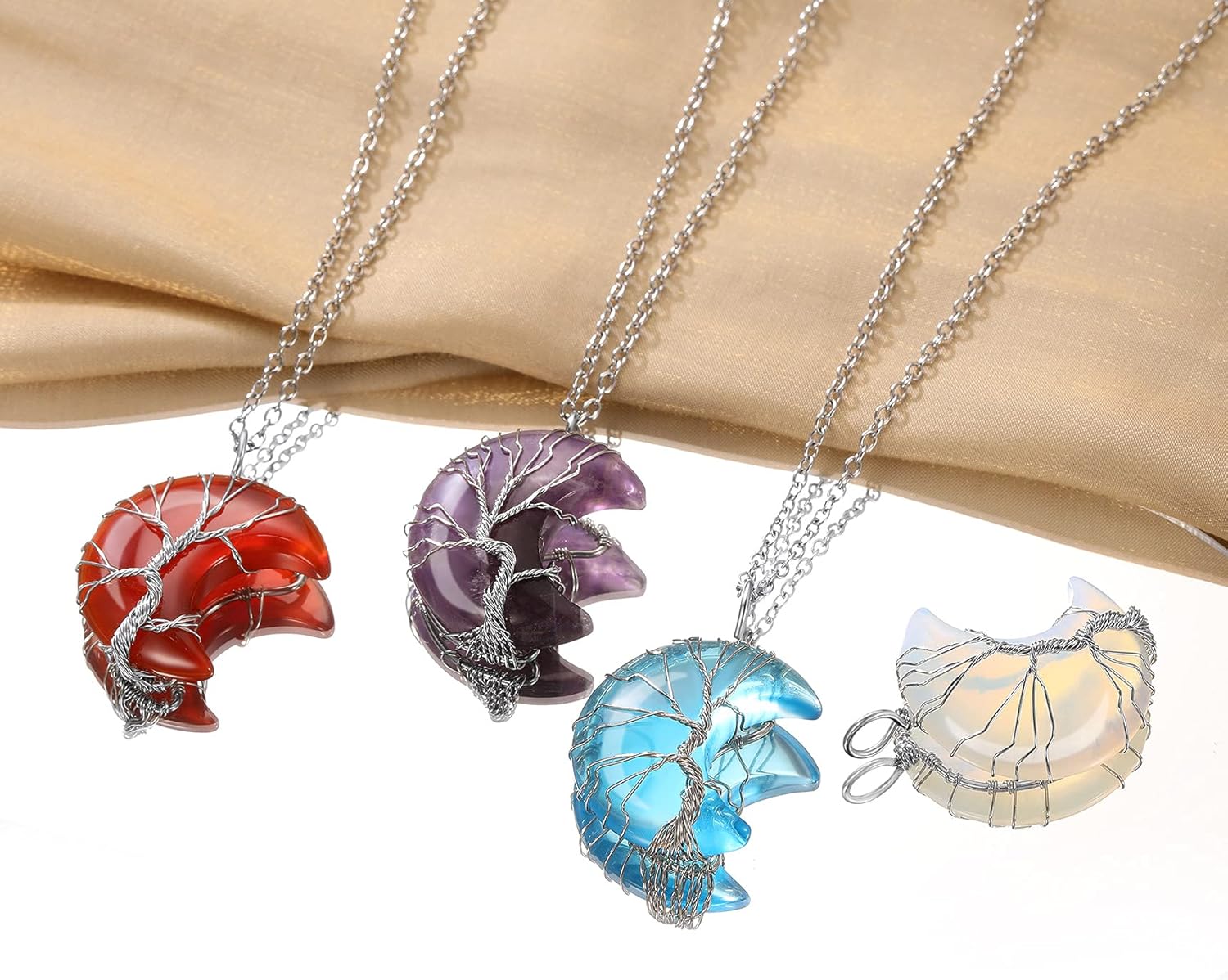 Bestyle Tree of Life Wrapped Healing Crystal Necklaces 12 Month Birthstone Pendant for Women, Crescent/Heart Gemstone Jewelry, Vintage Birthday Gifts/Energy Gift - Image 6