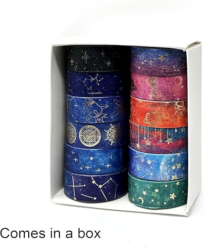 Miniatura 5 de allydrew Elegante caja de cinta washi de lámina dorada para artes y manualidades, álbumes de recortes, papelería, diario (12 rollos), galaxia