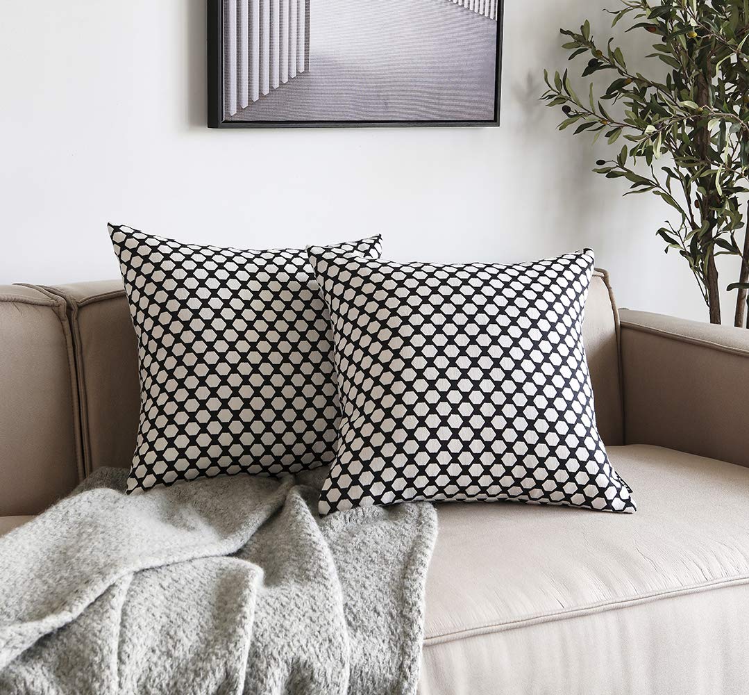 Geometric Pattern Throw Pillow Cover Pure Cotton Jacquard Pattern Square Decorative Cushion Cover for Room Chair Sofa Cover 2 Pieces 18X18 inches (Black)
