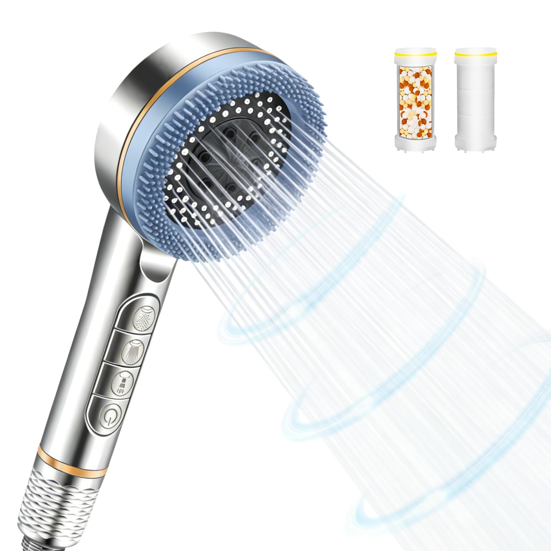 High Pressure Shower Head, Chrome Finished Hard Water Filter Shower Head with On/Off Switch, 4 Spray Modes Bathroom Shower Heads, Large Power Handheld Showerhead with Massage and 3 Filter Cartridges