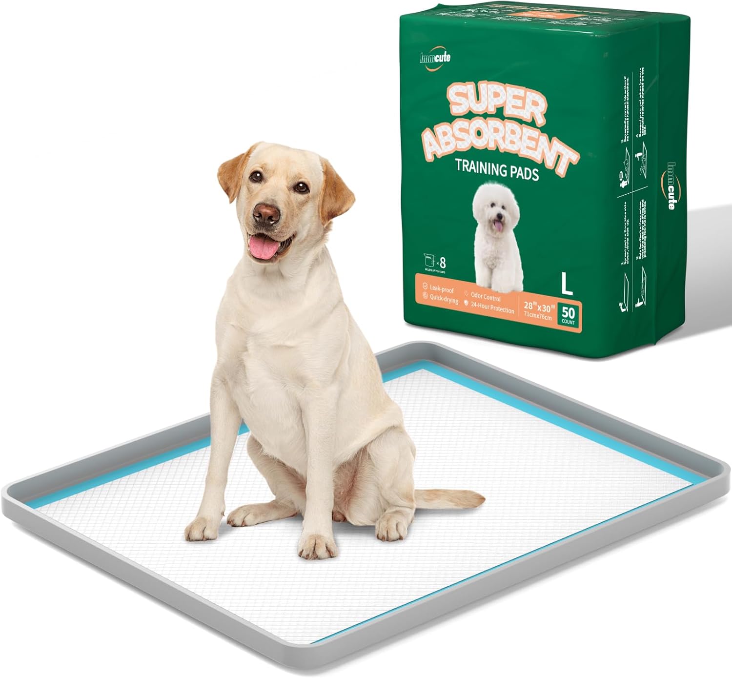 IMMCUTE Puppy Pads 28"x30"-50 Count, Pee Pad Holder 1 Count, Fits Up to 28" x 34", Silicone Non-Slip Dog Potty Tray, High Edge Puppy Pad Holder Tray for Easy Cleaning with 4 Clamps