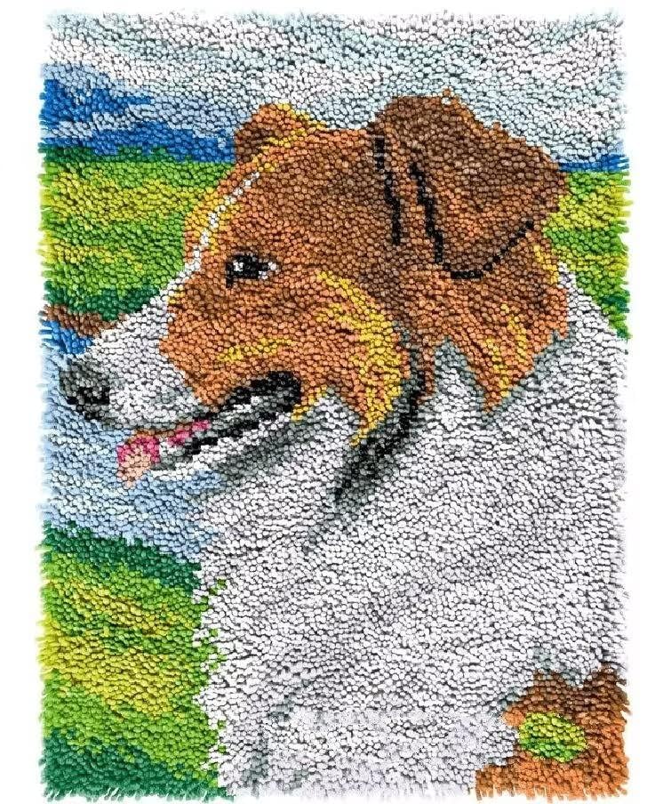 Latch Hook Kit for Adults & Kids Complete DIY Rug Making Craft Kits with Yarn & Canvas and Crochet Needle, Adult Craft Kits for Women, Relaxing Home Art Project - Yellow Border Collie 50x38CM
