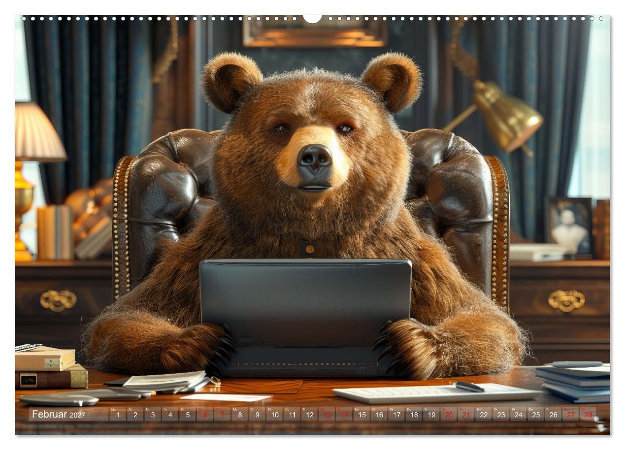 CALVENDO - Bären im Büro (Wandkalender 2027 DIN A2 quer), Monatskalender: Britische Bären in faszinierenden Office Illustrationen