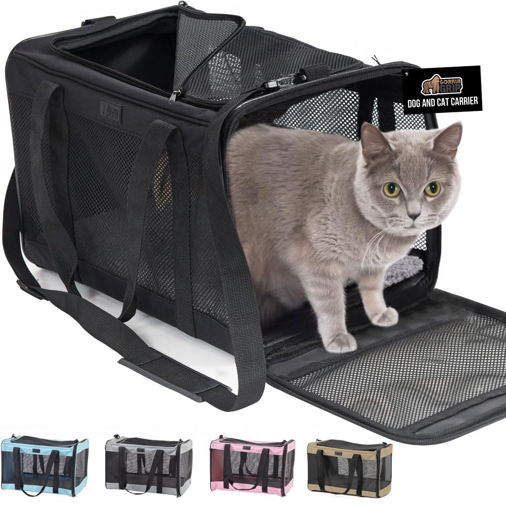 GORILLA GRIP Cat Carrier Travel Bag Up to 15 Lbs, Soft Collapsible Small Dog Carriers, Top and Side Entry Breathable Mesh, Grip Feet on Underside, Cozy Washable Waterproof Pad, Portable Kennel, Black