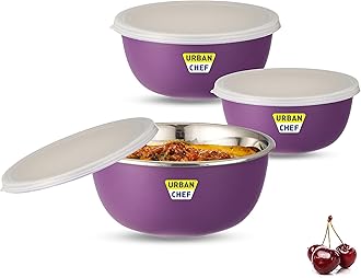 URBAN CHEF Microwave Safe Bowl Sets, Bowl, Serving Bowl with lid |16.91,25.36,42.27 Ounce| Flora Stainless Steel Serving Bowls, Microwave Oven Bowl. Bowl Set of 3 with Lid- Purple