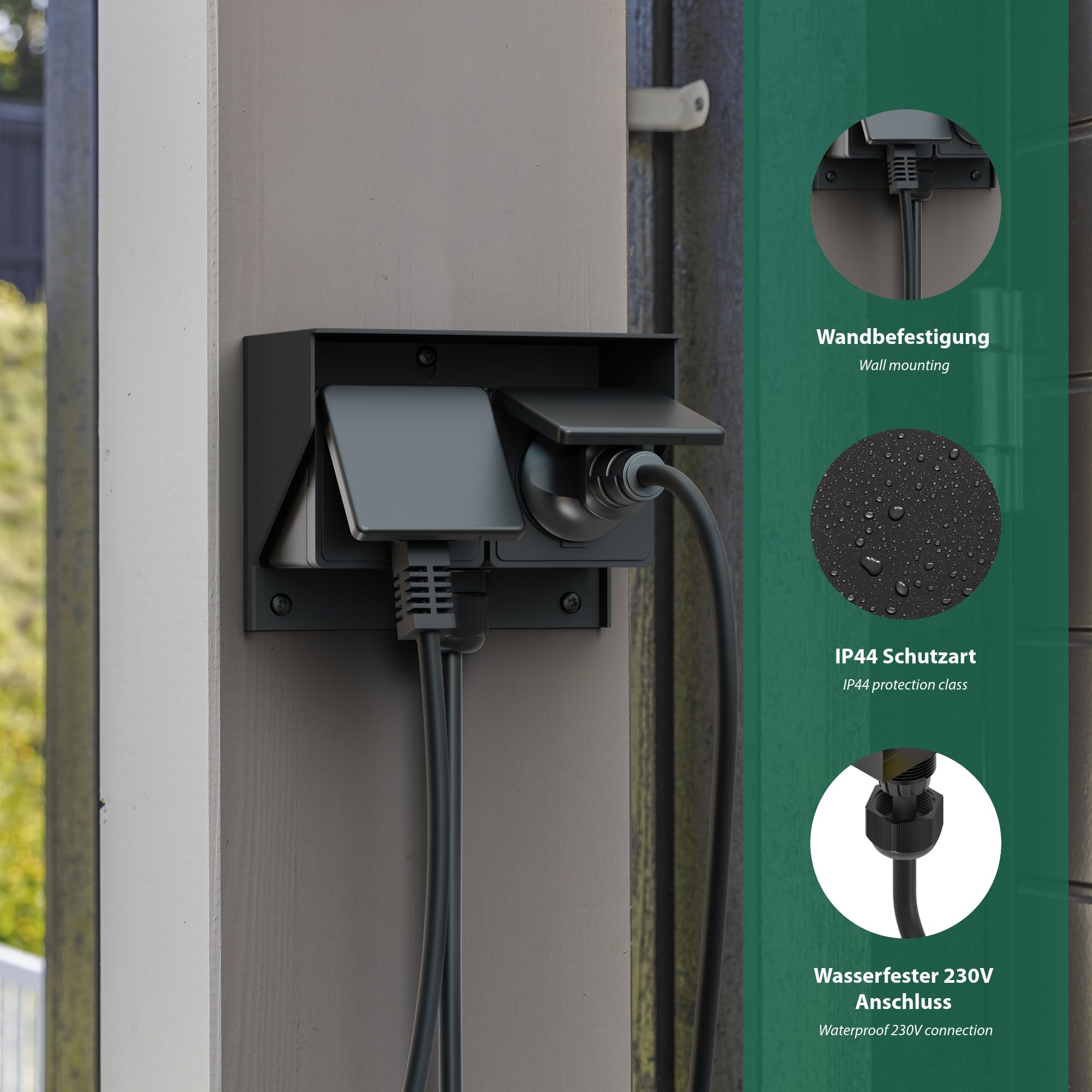 ledscom.de 4x Außen-/Feuchtraumsteckdose PIWI, Aufputz, IP44, 2-fach Schuko, 16A/230V, Edelstahl, Kunststoff, schwarz, waagerecht