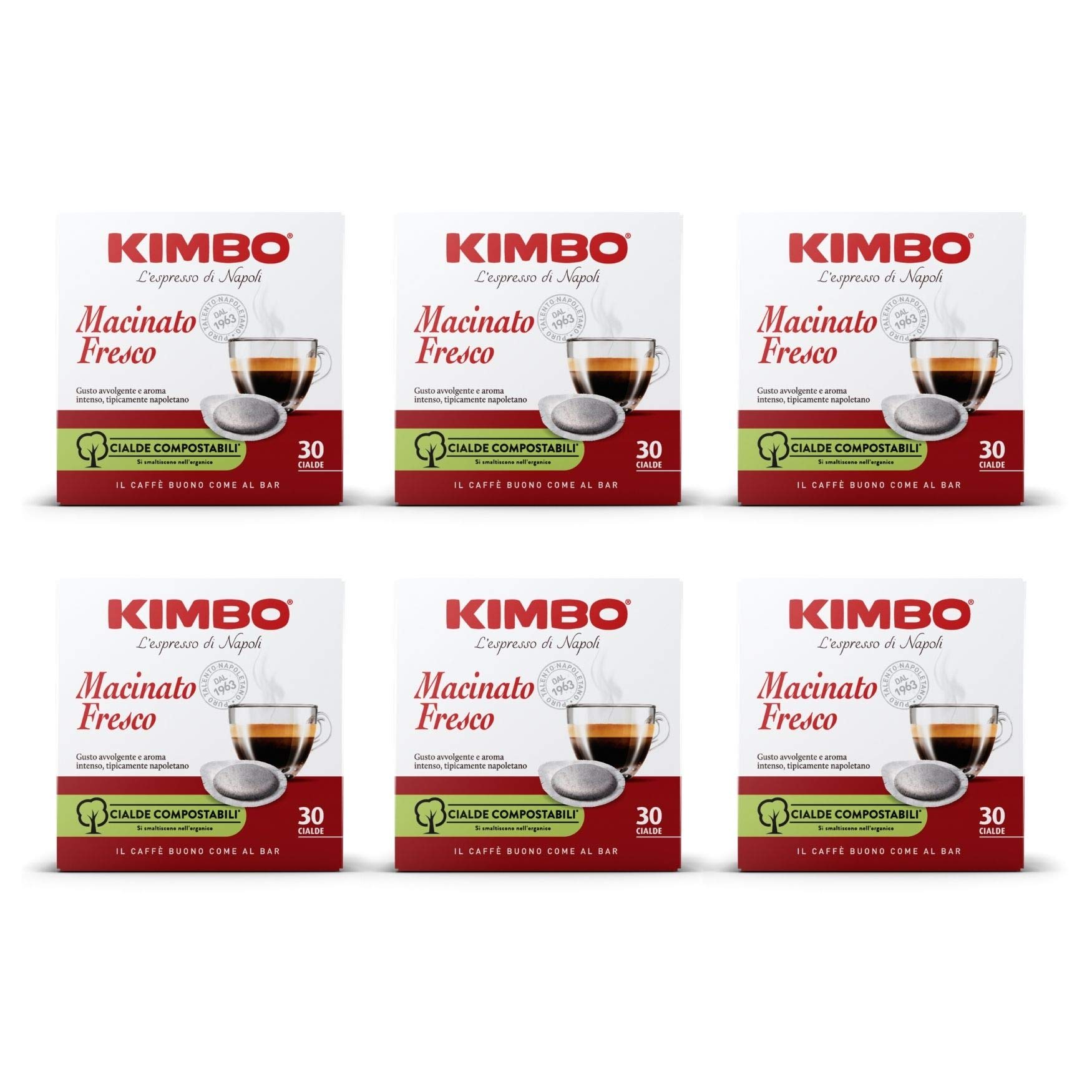 Kimbo Dosis de café compostables ESE molidas frescas, tostado oscuro, 6 paquetes de 30 cápsulas (total 180 cápsulas)