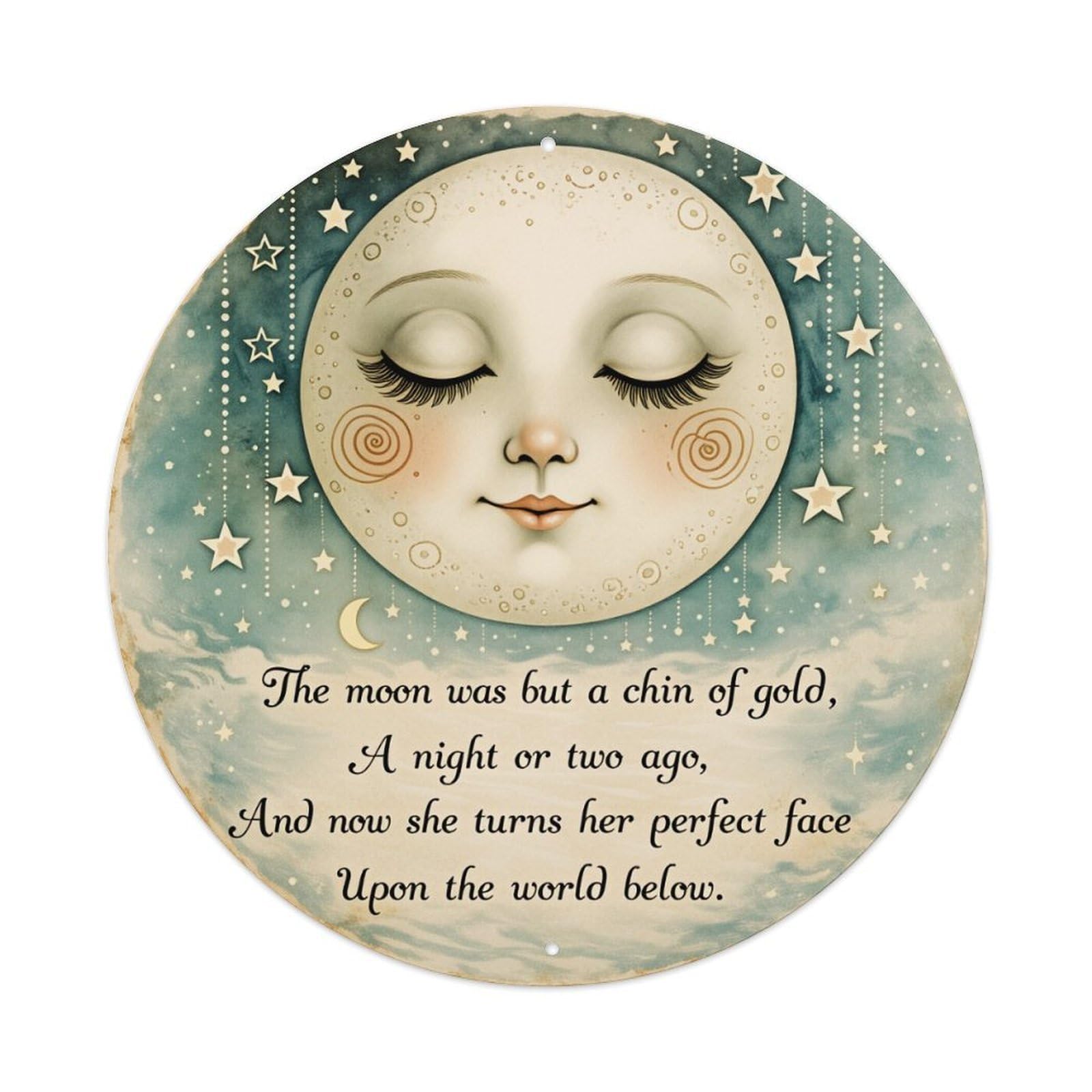 Wmlzdnwr Vintage Moon Face With Stars And Clouds Pattern Print Round Tin Sign,Retro Wall Art,Metal Poster For Home, Bar, Garage, Cafe, Rustic Indoor & Outdoor Decor, 8X8 Inches