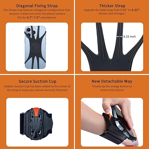 Miniatura 4 de Soporte de teléfono para correr, correa de muñeca de teléfono con rotación de 360 y desmontable, compatible con iPhone 161513XR, para Samsung y más,