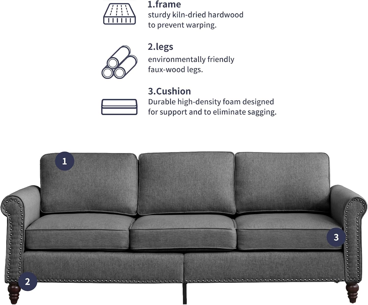 2 Pieces Living Room Sets, Linen Fabric Sofa and Loveseat Set, Modern Upholstered Furniture with Solid Wood Legs & Rivet Accents, Couch Loveseat Set for Apartment Office - Dark Grey