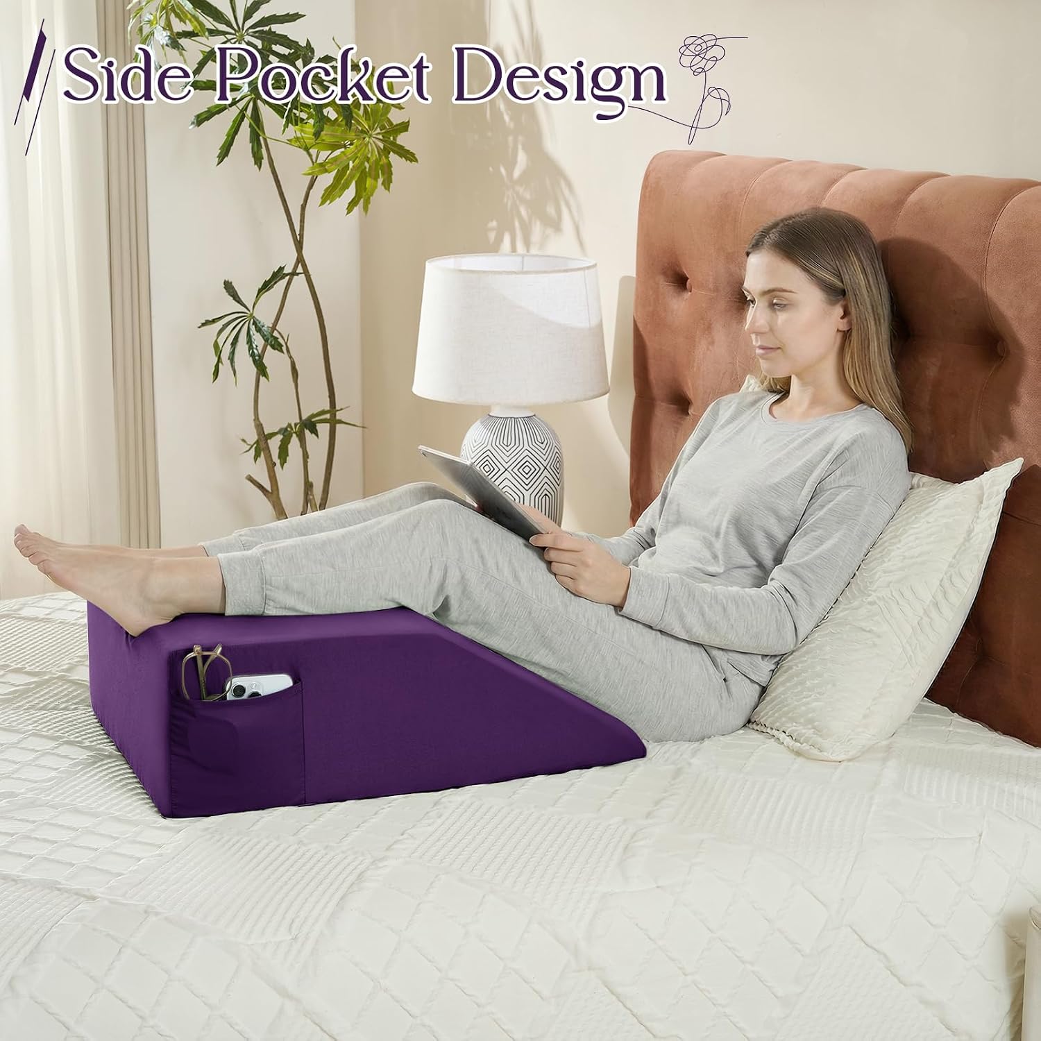 Horbaunal Wedge Pillow Cover for Leg Elevation 24x21x8, Microfiber Wedge Pillow Case Cover Replacement Leg Elevation Pillowcase with Pocket, Eggplant Purple